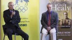 John Devitt and Larry Writer at the launch of their book on Cecil Healy