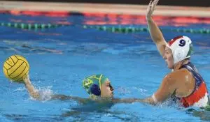 Carlile Swimming teacher Sienna Hearn in action for the Australian Waterpolo team