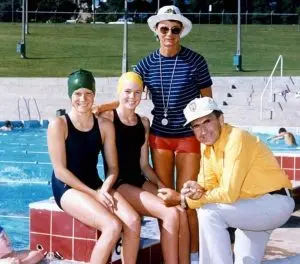 Forbes and Ursula Carlile with world beating freestylers Jenny Turrell and Sally Lockyer