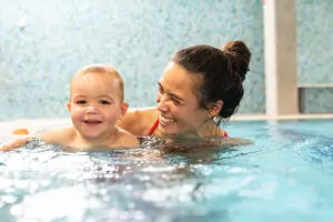 Mum and baby share some bonding time in Carlile's Waterbabies class