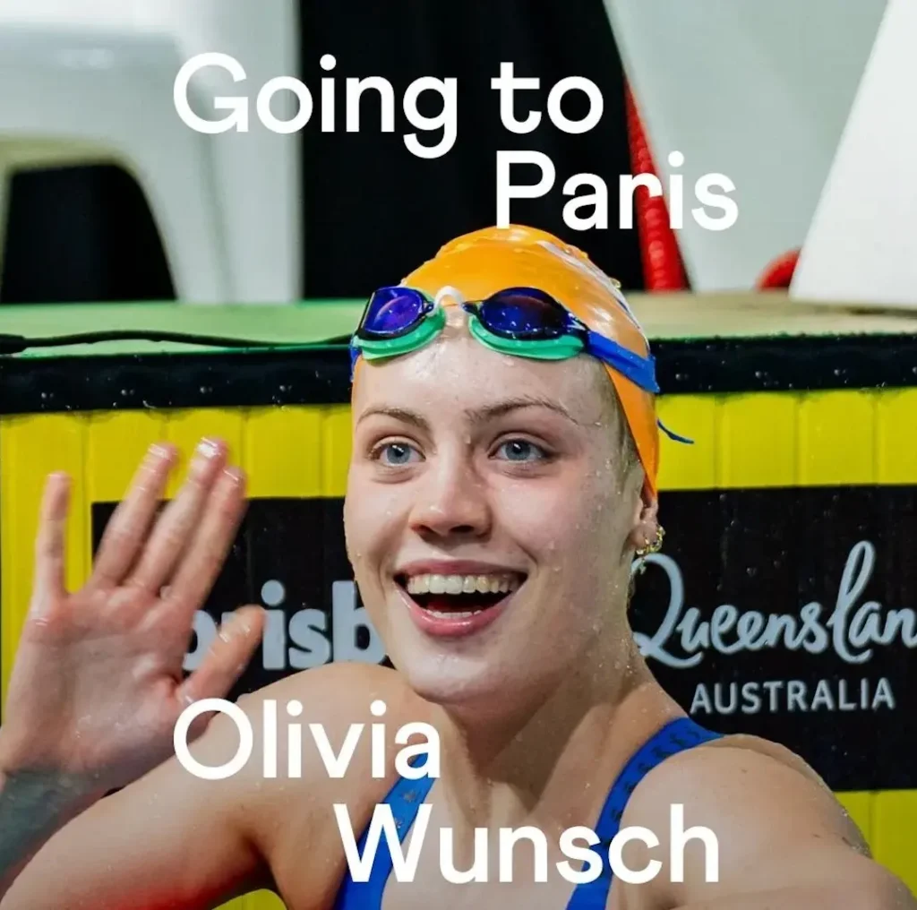 Swimming in pool with text overlay saying "Going to Paris - Olivia Wunsch"