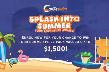 Carlile Swim Summer Campaign Banner. Enrol for your chance to win $1,500