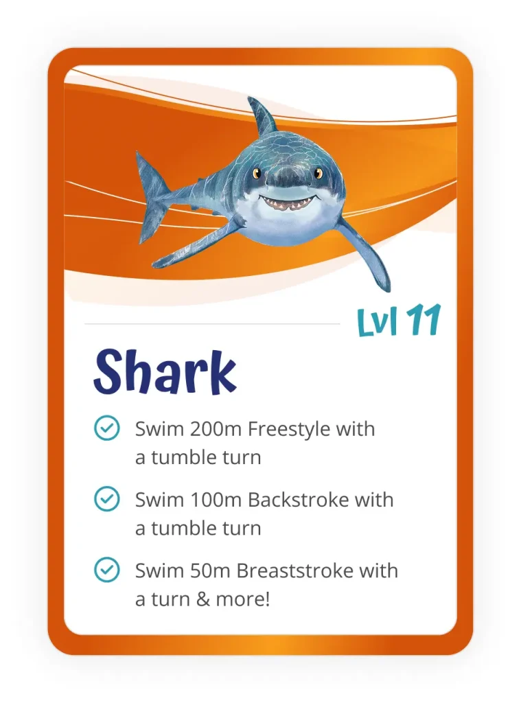 Carlile Swim Level 11 progress card with the Level 11 heading, an illustrated level icon, and a list of skill outcomes on a blue-and-white branded layout.