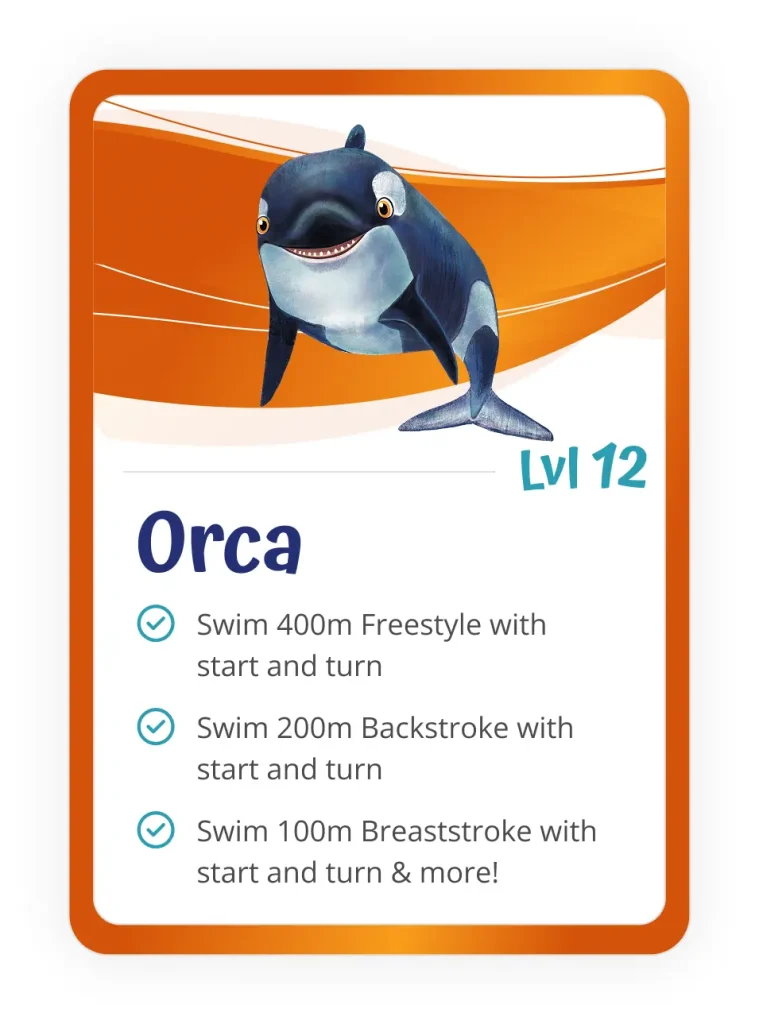 Carlile Swim Level 12 progress card showing the Level 12 heading, an illustrated level icon, and the key skill outcomes on a blue-and-white branded layout.