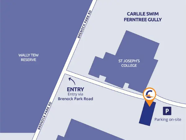 Map of Ferntree Gully (Melbourne) showing the Carlile Swim Ferntree Gully location with surrounding streets, nearby suburbs, and main roads for directions.