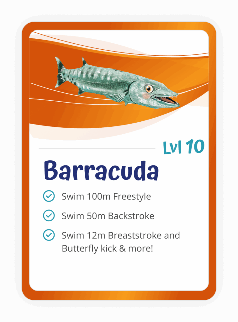 Carlile Swim stroke progress level card for “Barracuda,” showing the Barracuda character icon and stroke skill goals on a blue-and-white branded card.