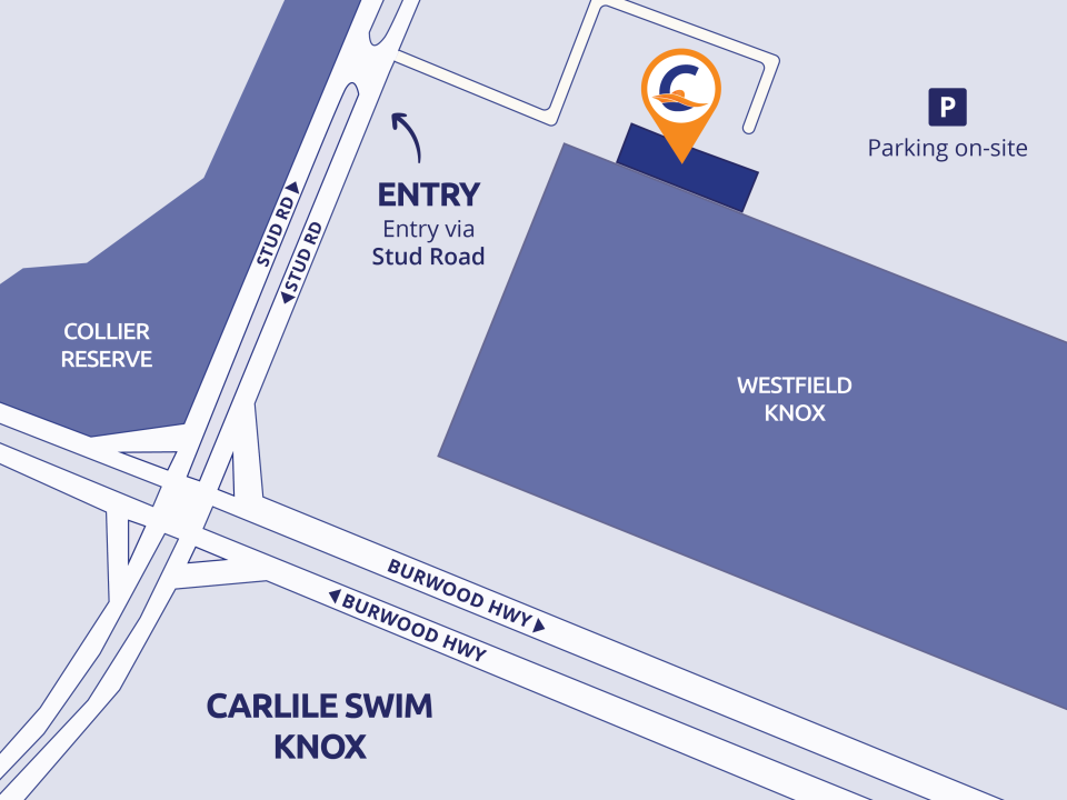 Map showing the Knox area in Melbourne, highlighting the Carlile Swim Knox location with surrounding streets, nearby suburbs, and main roads for directions.