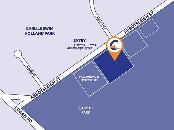 Map of Holland Park (Brisbane) showing the Carlile Swim Holland Park location, with surrounding suburbs, streets, and major roads for directions.
