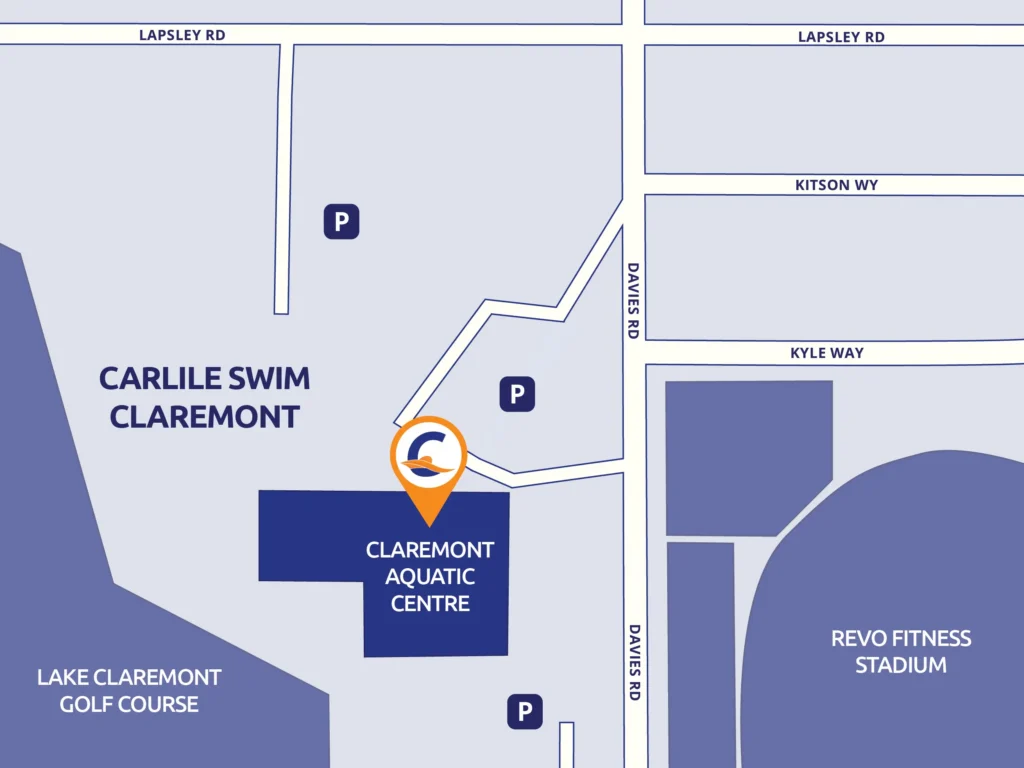 Map of Claremont (Perth) showing the Carlile Swim Claremont location with surrounding streets, nearby suburbs, and main roads for directions.