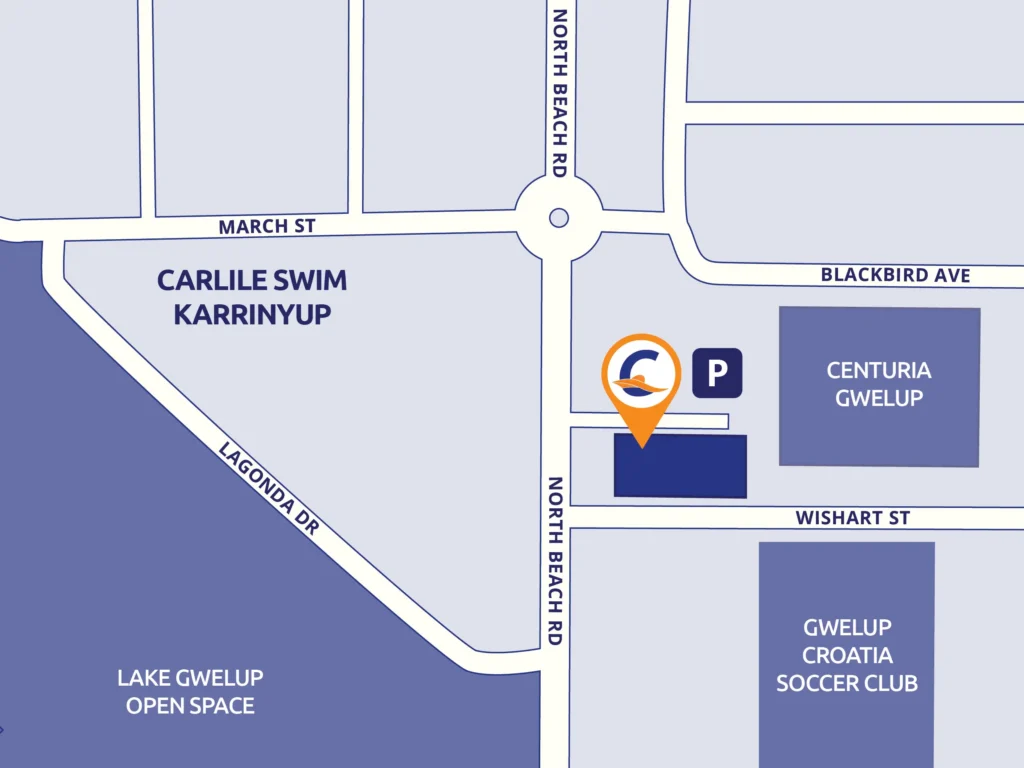 Map of Karrinyup (Perth) showing the Carlile Swim Karrinyup location with surrounding streets, nearby suburbs, and main roads for directions.
