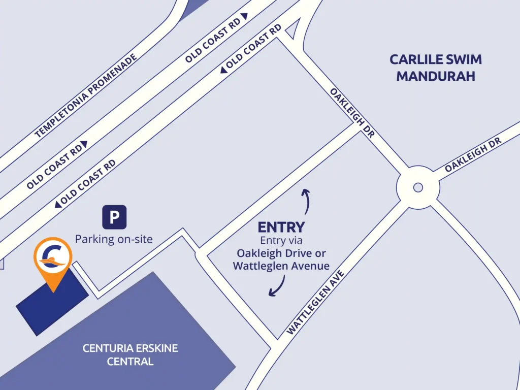 Map of Mandurah (Perth) showing the Carlile Swim Mandurah location with surrounding streets, nearby suburbs, and main roads for directions.